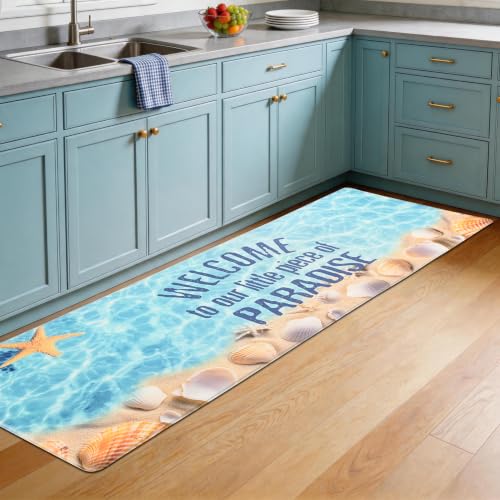Coatal Beach Theme Kitchen Mats Rugs Set of 2 Anti Fatigue Kitchen Mats for Floor Cushioned Waterproof Non Slip Comfort Standing Mat for Sink Laundry, Ocean Blue - color: Ocean Blue, size: 17"x30"+17"x47"