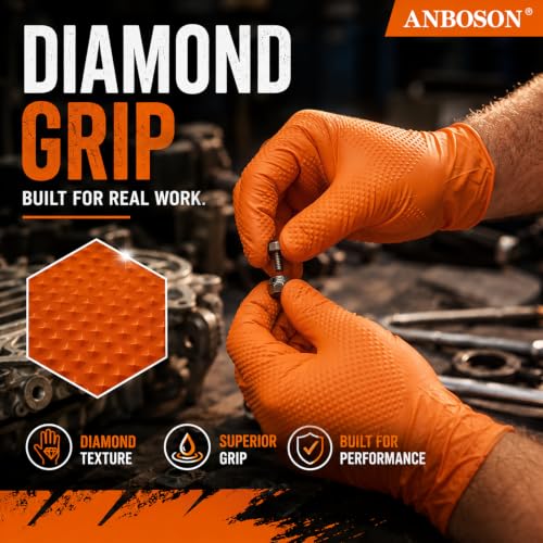 ANBOSON 10 Mil Heavy Duty Diamond Texture Nitrile Gloves, X-Large, 100 Ct - color: Orange of 100, size: X-Large