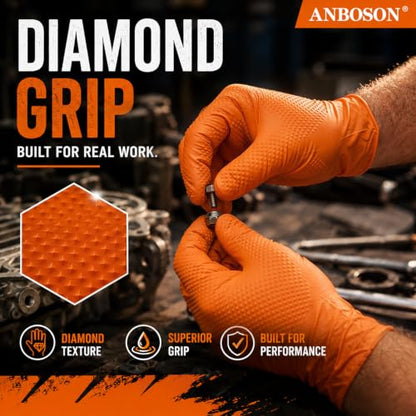 ANBOSON 10 Mil Heavy Duty Diamond Texture Nitrile Gloves, Large, 100 Ct - color: Orange of 100, size: Large