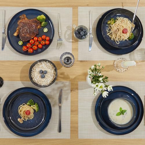 Pokini Stoneware Dinnerware Sets for 4, 12Pcs Ceramic Plates and Bowls Sets - color: Starry Blue, size: Set (12pcs)