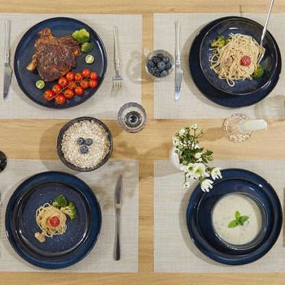 Pokini Stoneware Dinnerware Sets for 8, 24Pcs Ceramic Plates and Bowls Sets - color: Starry Blue, size: Set (24pcs)