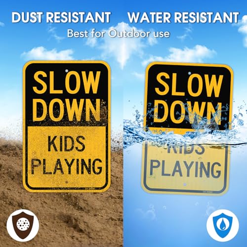 T&R (2 Pack) Slow Down Kids Playing Sign, 18" x 12" Engineer Grade Reflective Sheeting, Rust Free Aluminum, Weather Resistant, Waterproof, Fade Resistant, 2 Pre-drilled Holes - color: 18" x 12" - 2 Pack - Slow Down Kids Playing