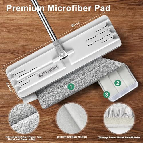 JOYMOOP Flat Mop System, Microfiber Mop for Floor Cleaning, 60" Long Handle with 15" Microfiber Flat Head, White - color: Q