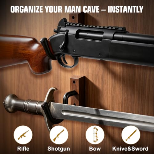 Walnut Gun Rack for Wall, Horizontal Rifle Wall Mount with Thick Rubber Coated Hooks, Heavy Duty Shotgun Holder for Display & Storage, Ideal Gun Shelf for Indoor Wall in Man Cave, Gun Room, Closet