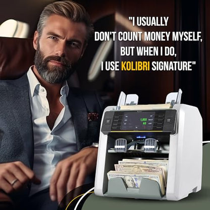 KOLIBRI Money Counter Machine I LCD Display I Bank Grade I Advanced 2CIS/UV/MG/IR/MT/DD/HLF/SN IRT Detection I Mixed Denomination I Multi-Currency I Reject Pocket I 3-Years Warranty I Signature - color: White/Gray (Signature)