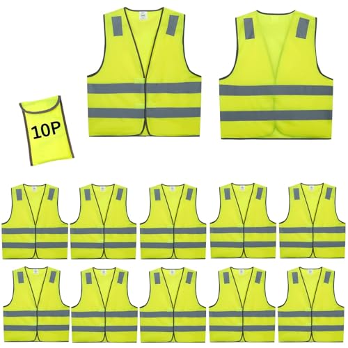 Safety Vests 10 Pack - Yellow Reflective High Visibility Construction ANSI Class 2 Work Vest for Men,Woman,Hi Vis Vest Mesh and Neon Silver Strip - color: Yellow