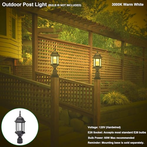 LIT-PaTH Outdoor Post Light, Rustproof Aluminum Pole Lamp, Black - color: Black Finish, size: 1-pack