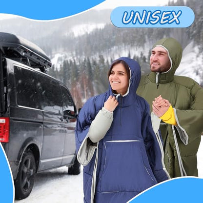 Preboun Thermal Poncho Wearable Hooded Blanket Winter Poncho Wearable Sleeping Bag Water Resistant Windproof for Men Women - color: Green, Navy Blue