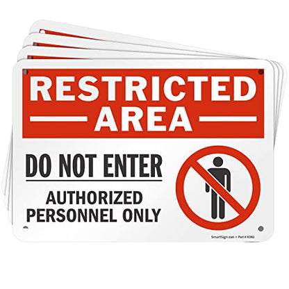 SmartSign (Pack of 4) 7 x 10 inch “Restricted Area - Do Not Enter, Authorized Personnel Only” Metal Sign with Symbol, 40 mil Laminated Rustproof Aluminum, Red, White and Black, Made in USA - style: 7" x 10" - Aluminum (Pack of 4)