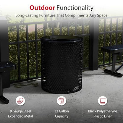 Leisure Craft 32 Gallon Commercial Outdoor Trash Can, Metal, Made in USA - color: Black