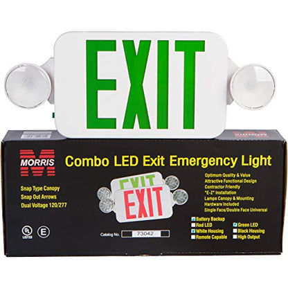 Morris Products Round Head LED Combo Exit Emergency Light – High Output, Green LED Color, White Housing – 76 Lumens, Energy Saving Lamps – Fully Automatic – Thermoplastic, Glare Free, Adjustable - size: High Output / 76 Lumens