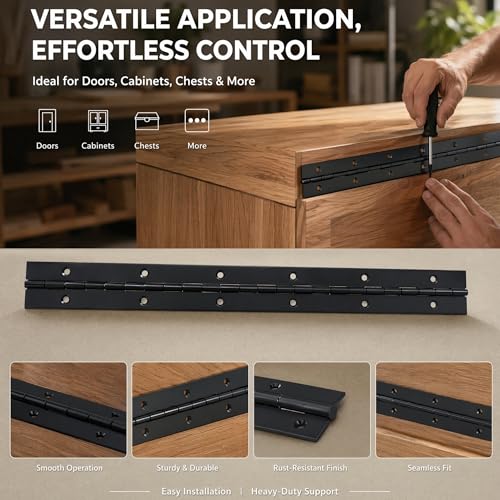 12 Inch Continuous Piano Hinge –4-piece Heavy Duty Black Steel Hinges for Cabinet, Door, Box & Furniture – Smooth Operation, Rust Resistant Finish