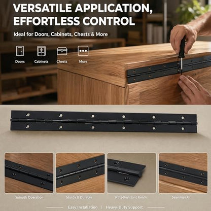 12 Inch Continuous Piano Hinge –4-piece Heavy Duty Black Steel Hinges for Cabinet, Door, Box & Furniture – Smooth Operation, Rust Resistant Finish