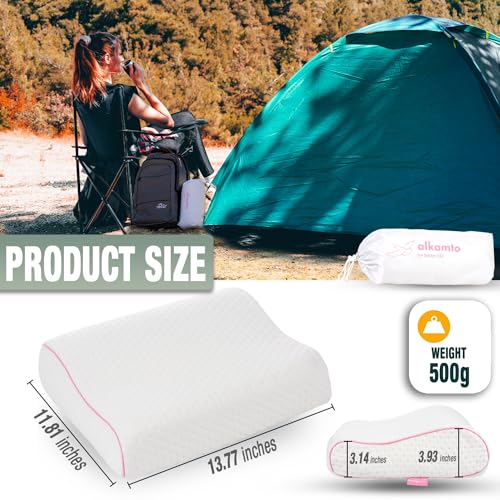 alkamto Travel & Camping Comfortable Memory Foam Pillow – Easy to Carry Portable Bag – Temperature Regulating Pillow Case - size: 13.7 x 11.8 x 3.9 / 3.14 In - Pink + Extra Cover