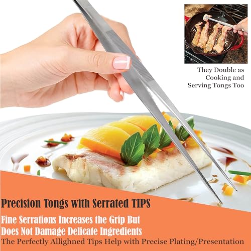 Professional Culinary Stainless Steel Precision Tongs with Serrated Tips, Plating/Food Presentation Detailing Serving Tongs, Chef's Kitchen Tweezer Tongs - Ultra Non-Slip Grip (10" STR Slim) - size: 10" Straight Slim