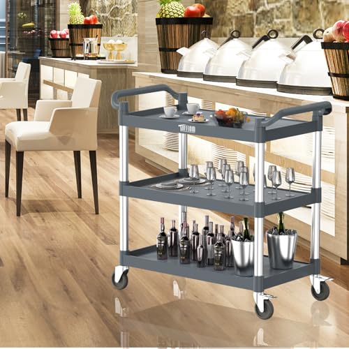 TUFFIOM Plastic Service Utility Cart with Wheels,Heavy Duty 450lbs Capacity, 3-Tier Commercial Rolling, Ideal for Restaurant, Foodservice, Office, Warehouse, Gray 39.8''L x 19.1''W x 38.4''H - size: Gray 39.8''L x 19.1''W x 38.4''H