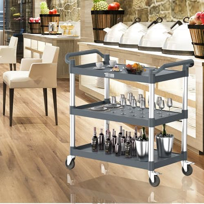 TUFFIOM Plastic Service Utility Cart with Wheels,Heavy Duty 450lbs Capacity, 3-Tier Commercial Rolling, Ideal for Restaurant, Foodservice, Office, Warehouse, Gray 39.8''L x 19.1''W x 38.4''H - size: Gray 39.8''L x 19.1''W x 38.4''H