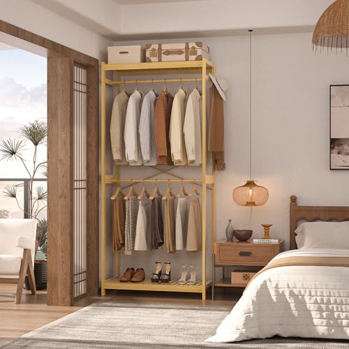 Homykic Bamboo Clothing Rack with Shelves, 33.5” Wide Clothes Rack, 78.8” H - color: Natural, size: Standard