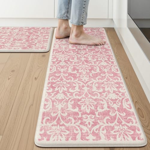 LEEVAN Anti Fatigue Kitchen Mats for Floor, Cushioned Kitchen Mat Set 2PCS - color: Pink, size: 17.3"x29"+17.3"x47"-0.47inch