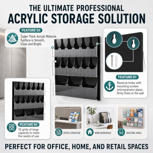 Sintuff Acrylic Brochure Rack 3 Magazine Holders 12 Pamphlet 31.7 x 28.3 Inch Wall Mounted Three Fold Brochure Rack Black Transparent Suitable for Data Storage in Offices School Homes
