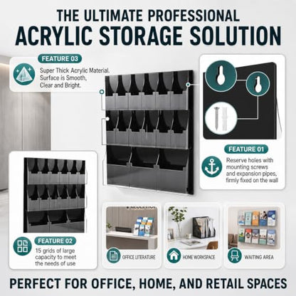 Sintuff Acrylic Brochure Rack 3 Magazine Holders 12 Pamphlet 31.7 x 28.3 Inch Wall Mounted Three Fold Brochure Rack Black Transparent Suitable for Data Storage in Offices School Homes