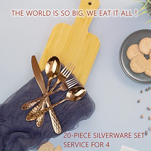 Hammered Silverware Set 20-Piece, 18/10 Stainless Steel Flatware Cutlery Silverware Set Service for 4, Unique Design Knife Fork Spoon Silverware Set, Mirror Polished,Dishwasher Safe (Rose Gold) - color: Rose Gold
