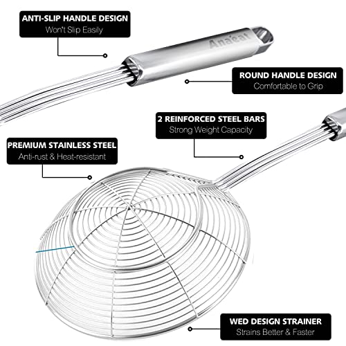 Anaeat Stainless Steel Spider Strainer Skimmer - Solid Kitchen Strainer Ladle with Long Handle for Cooking and Frying, Reinforced Double Coil Slotted Spoons for Pasta, Noodle, Spaghetti (7 Inch) - color: 7" Double Coil Skimmer