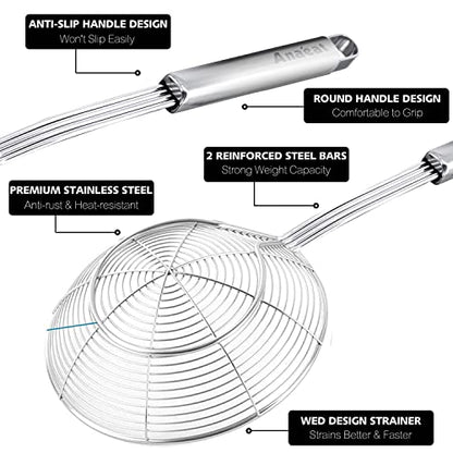 Anaeat Stainless Steel Spider Strainer Skimmer - Solid Kitchen Strainer Ladle with Long Handle for Cooking and Frying, Reinforced Double Coil Slotted Spoons for Pasta, Noodle, Spaghetti (7 Inch) - color: 7" Double Coil Skimmer