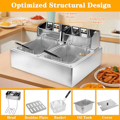 Commercial Electric Deep Fryer, 12L Dual Tank Stainless Steel Countertop Deep Fryer with 2 Baskets & Lids, 5000W Restaurant Deep Fryer with Independent Temperature Control for Restaurant Snack Bar