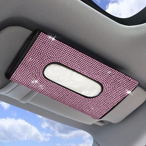 Bling Car Sun Visor Tissue Box Holder, Napkin and Face Mask Storage Box for Cars, Upgraded PU Leather Tissue Box with Crystal Rhinestones, Car Decoration Accessories for Women (Pink) - color: Pink