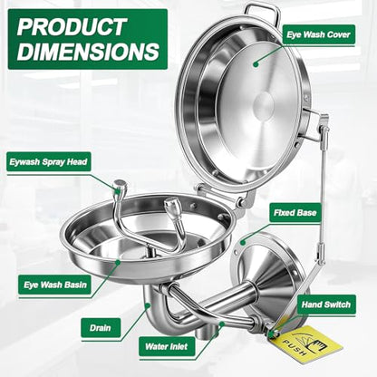 LEIFIDE Emergency Eye Wash Station with Cover and Sign Wall Mount First Aid Eyewash Station Stainless Steel Plumbing Eye Washing Unit with Dual Spray for Lab, Factory, Office, NPT Threaded