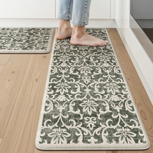 LEEVAN Anti Fatigue Kitchen Mats for Floor, Cushioned Kitchen Mat Set 2PCS - color: Green, size: 17.3"x29"+17.3"x47"-0.47inch