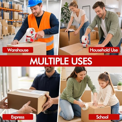 2 Pack Heavy Duty Packing Tape Dispenser Gun with 12 Pack Clear Packaging Tapes, 2 Inch Packaging Tape with Dispenser for Carton Sealing, Moving Boxes, Shipping (Red) - color: Red