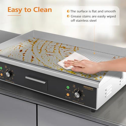 ROVSUN 26" Electric Griddle, Electric Countertop Half Flat Top Griddle, 3200W Grill Stainless Steel with Adjustable Temperature Control 122°F-572°F for Commercial Home Restaurant, Plug - size: 26"