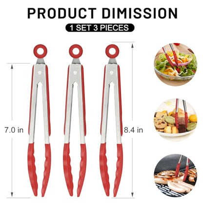 HOTEC Small Silicone Kitchen Tongs 7-Inch Mini Serving Tongs, Set of 3 - color: Red