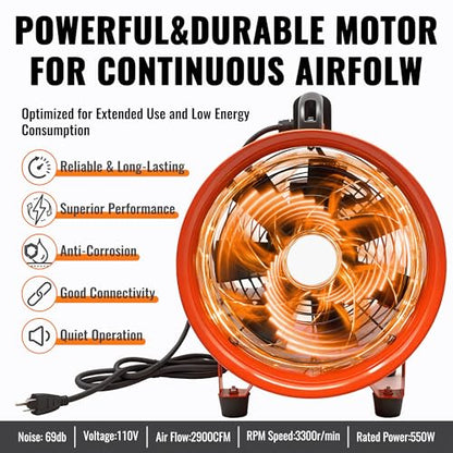 dreamdragon 12-Inch Utility Blower Fan with 25FT Duct Hose, 3300 RPM, 69dB - color: 12in-25ft
