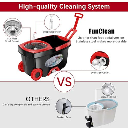 FunClean Large Spin Mop Bucket Set with Wringer, 2 Gal Capacity, Black - size: Large - 6 Mop Heads - Black