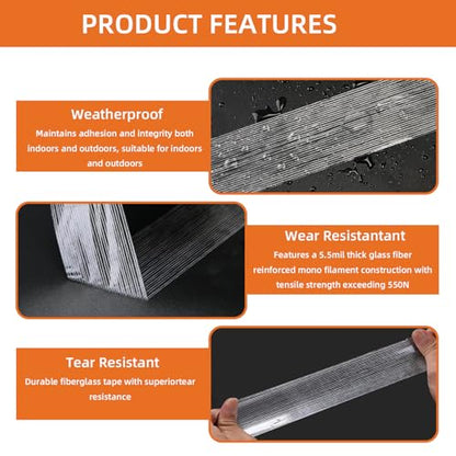2-Pack Mono Filament Strapping Tape with Portable Craft Knife, 5.5mil x 1Inch x 55yds, Heavy Duty Transparent Reinforced Fiberglass Tape