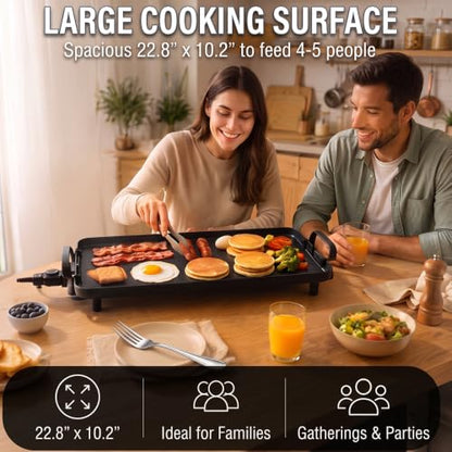PineyPlace Electric Griddle for Bacon, Eggs, Pancake, Breakfast and Camping Grilling, 1400W NonStick Flat Top Indoor Grill, 5 Adjustable Temperatures, Dishwasher Safe, Black, 22.83 x10.24inches