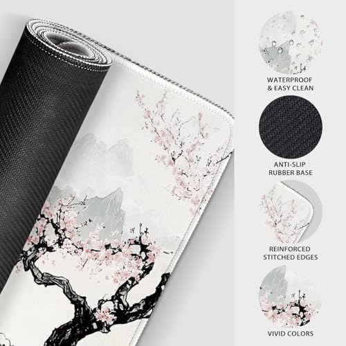 Japanese B&W Cherry Blossoms Gaming Mouse Pad Desk Mat 31.5"x15.7 - color: Black and White