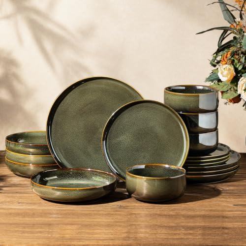 TheTerra Ceramic Dinnerware Set for 4, 16-Piece Plates and Bowls Set - color: Olive Green, size: Set (16pcs)
