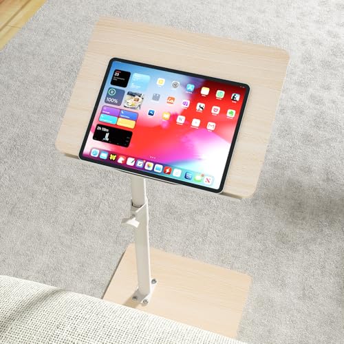 YUHFERA Sofa Armrest Tray Table for Couch - 360° Swivel Height Adjustable End for Small Spaces, Snack Side Table for Bed or Chair with Phone & Tablet Slot (Oak,Angle Adjustable) - color: Fair, size: Angle Tilt
