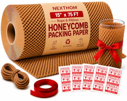 Honeycomb Packing Paper, 15 Inch x 75 FT – Eco-Friendly Recyclable Cushioning Wrap Roll for Moving & Shipping, Bubble Wrap Alternative with Rope, Ribbon & 40 Fragile Stickers - size: 15" x 75'