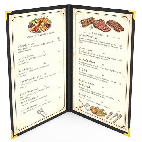 10Pcs Black PVC Clear Menu Cover 8.5x14, Bifold, 2 Page 4 View - color: black with gold corners, size: 2 Pages - 8.5" x 14"