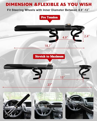 Tevlaphee Steering Wheel Lock Anti-Theft Car Device Heavy Duty Security Car Lock Antitheft Locking Devices Great Deterrent Adjustable Car Wheel Lock Anti Theft for Vehicle Truck with 3 Keys(Black) - color: Black