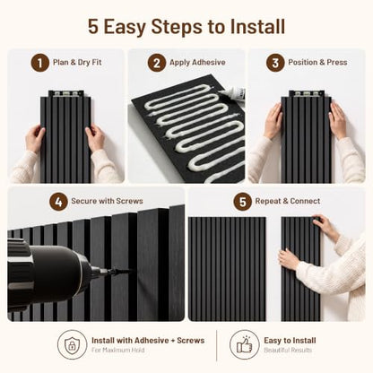 Amsleekey 4-Pack 108″x11″ Acoustic Wood Slat Wall Panels, 8 Hooks, Black - color: Black, size: 108 x 11 in - 4 pcs