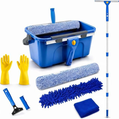 Window Cleaning Kit - 3 Gal Bucket, 15" Microfiber Scrubber & Chenille Sleeve, 14" Squeegee with 79" Extension Pole, Metal Scraper, Indoor & Outdoor Window Tools for Home & Commercial Use
