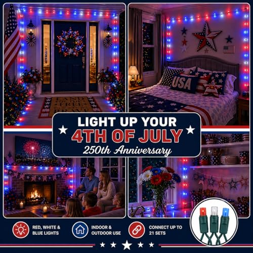 Novelty Lights 100 LED 50ft Red White Blue USA Patriotic String Lights - color: Red / White / Blue
