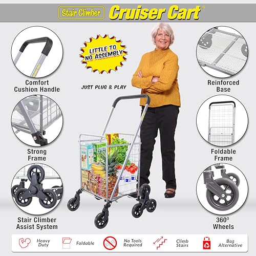 dbest Products Stair Climber Cruiser Cart Shopping Grocery Rolling Folding Laundry Basket on Wheels Foldable Utility Trolley Compact Lightweight Collapsible, Silver - color: Silver, style: Stair Climber
