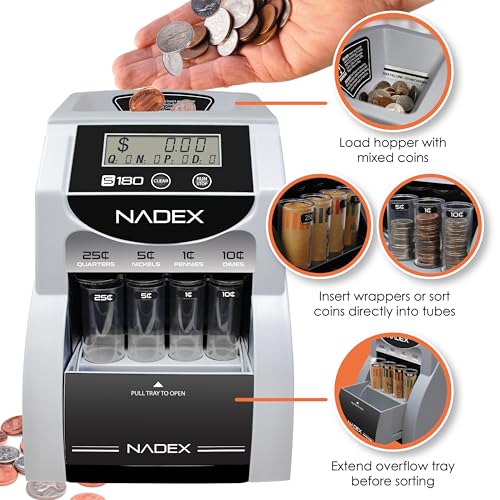 Nadex S180 Digital Coin Sorter and Counter – Displays Total and Denomination Values, Black